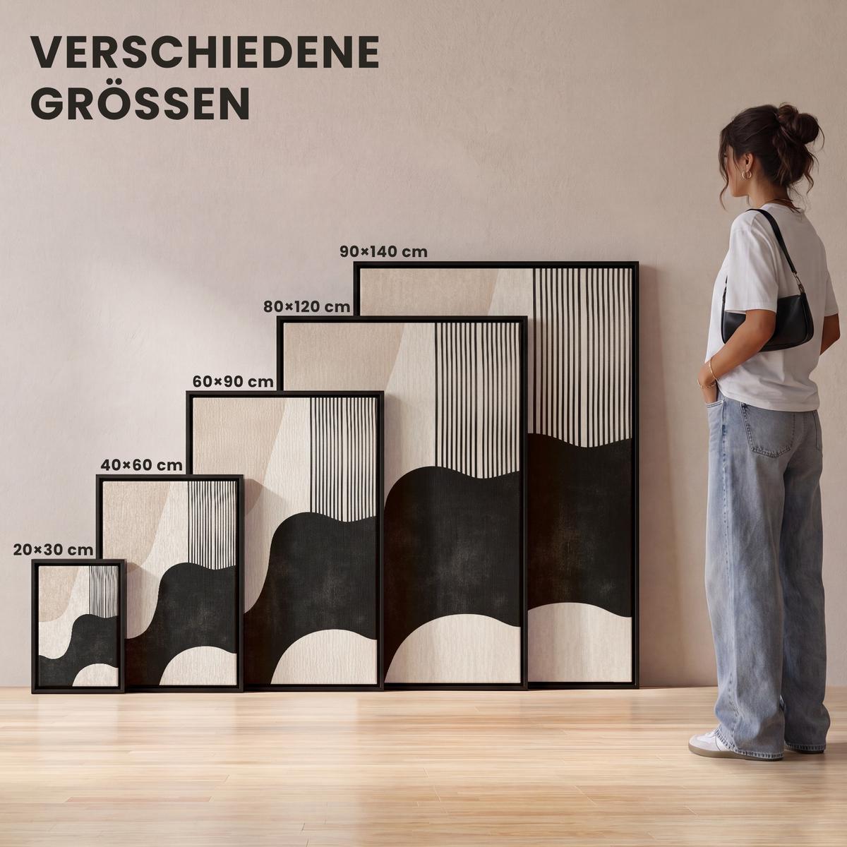 LEINWAND Bilder mit Rahmen - Abstrakt - Japandi - Beige - Modern - 60x90 - Schwarz, Textil (60/90cm) - MuchoWow