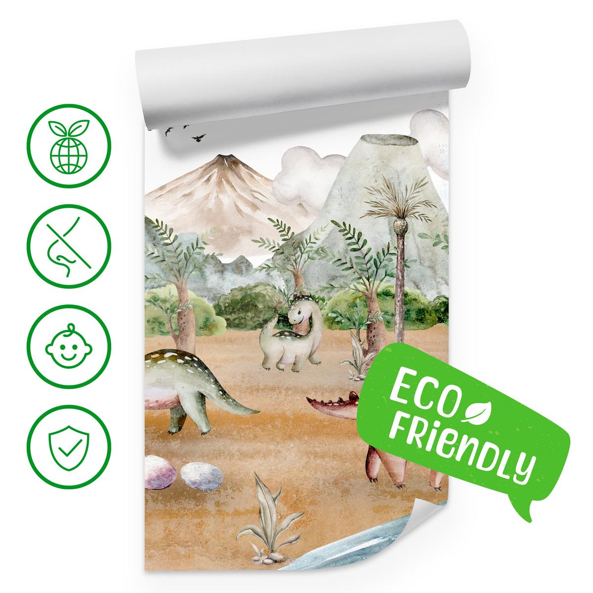 FOTOTAPETE für Kinderzimmer Dinosaurier Welt Vulkane Aquarell Tropische Bäume 300x210 - Blau/Beige, Papier (300/210cm) - Muralo