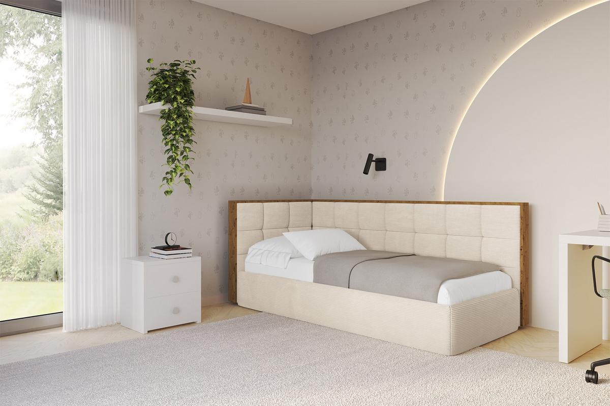 EINZELLBETT Jugendbett mit Bettkasten, Rechts - SOVY 90x200 Beige - Kaschmir, Holzwerkstoff/Textil (90/200cm) - ALTDECOR
