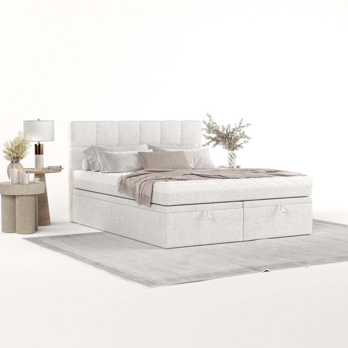 BOXBETT Elano 140/200 cm Creme im Neve Stoff - Creme/Schwarz, Holz/Holzwerkstoff (140/200cm) - AltaBeds