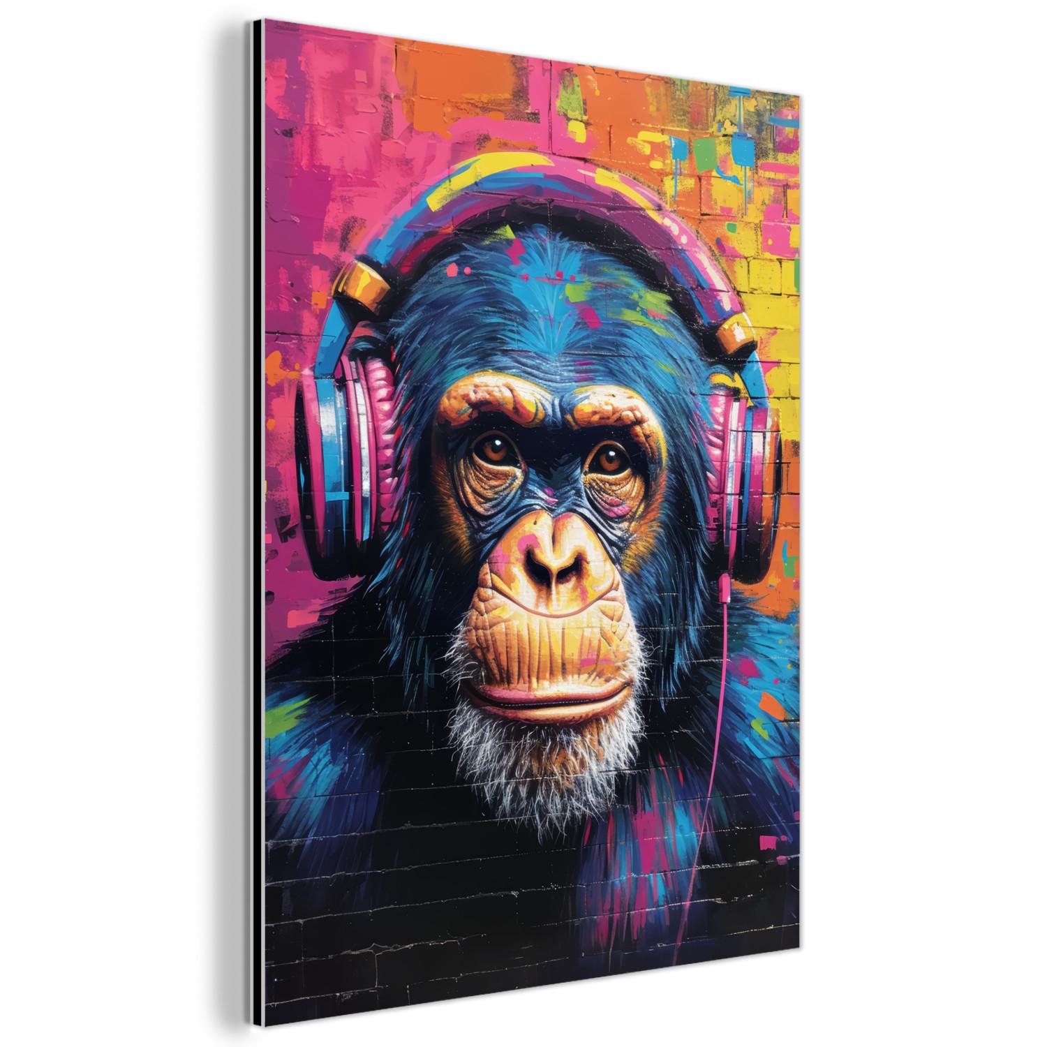 METALLBILD Graffiti - Schimpanse - Straßenkunst - Kopfhörer - Affe 30x40 cm - Blau, Metall (30/40cm) - MuchoWow