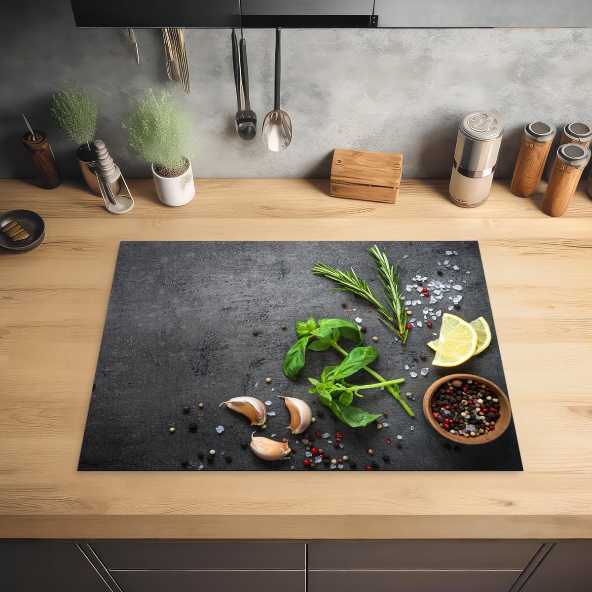 HERDABDECKPLATTE Limette - Kräuter - Gewürze - Grün - Grau - Beton Induktionsmatte 71x52 cm - Grün, Kunststoff (71/52/0.2cm) - MuchoWow