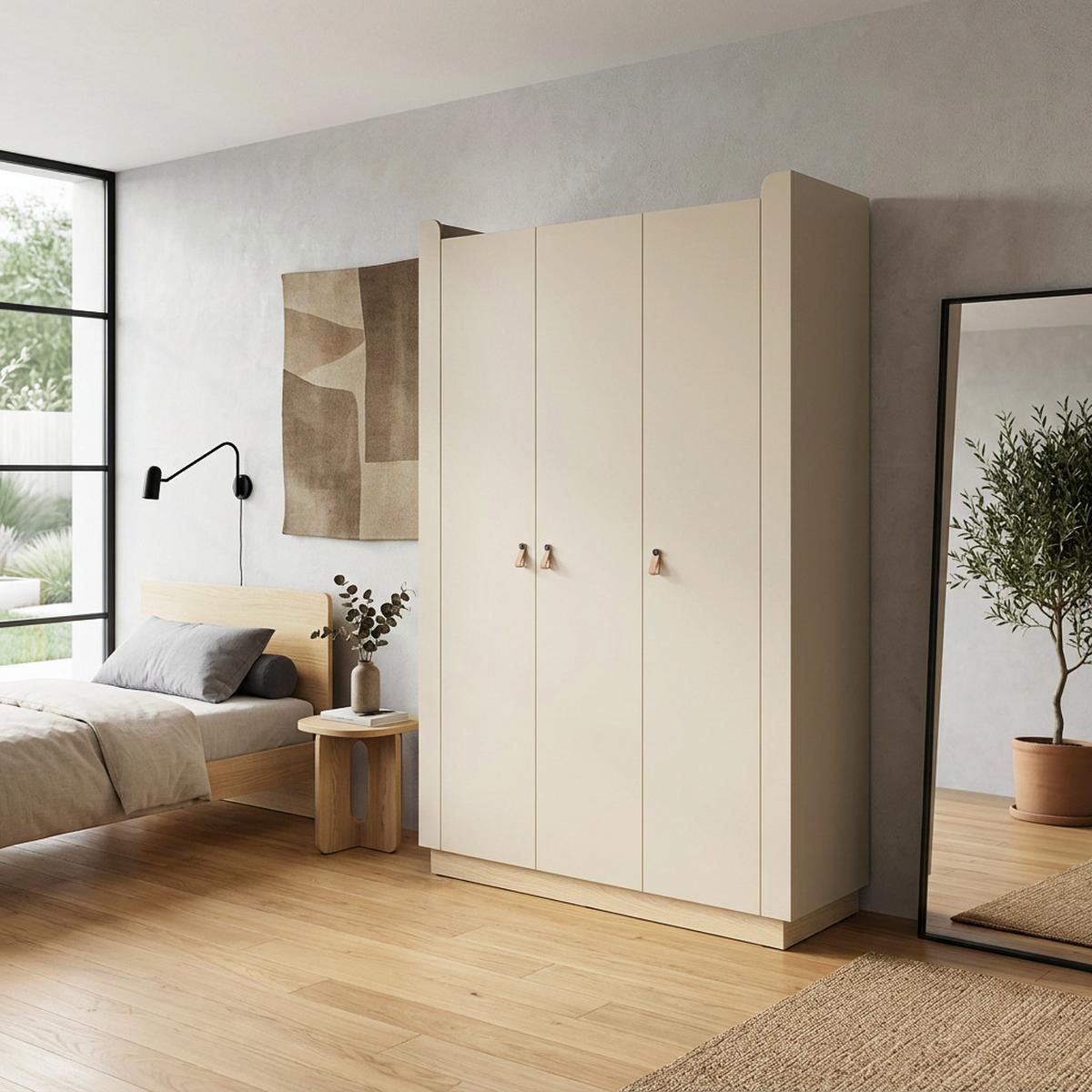 DREHTÜRENSCHRANK Sorella mit 3 Türen, 150 cm, für Jugendzimmer, Macadamia + Eiche Mavelie - Eichefarben/Beige, Leder/Holzwerkstoff (150/201/52cm) - Beautysofa