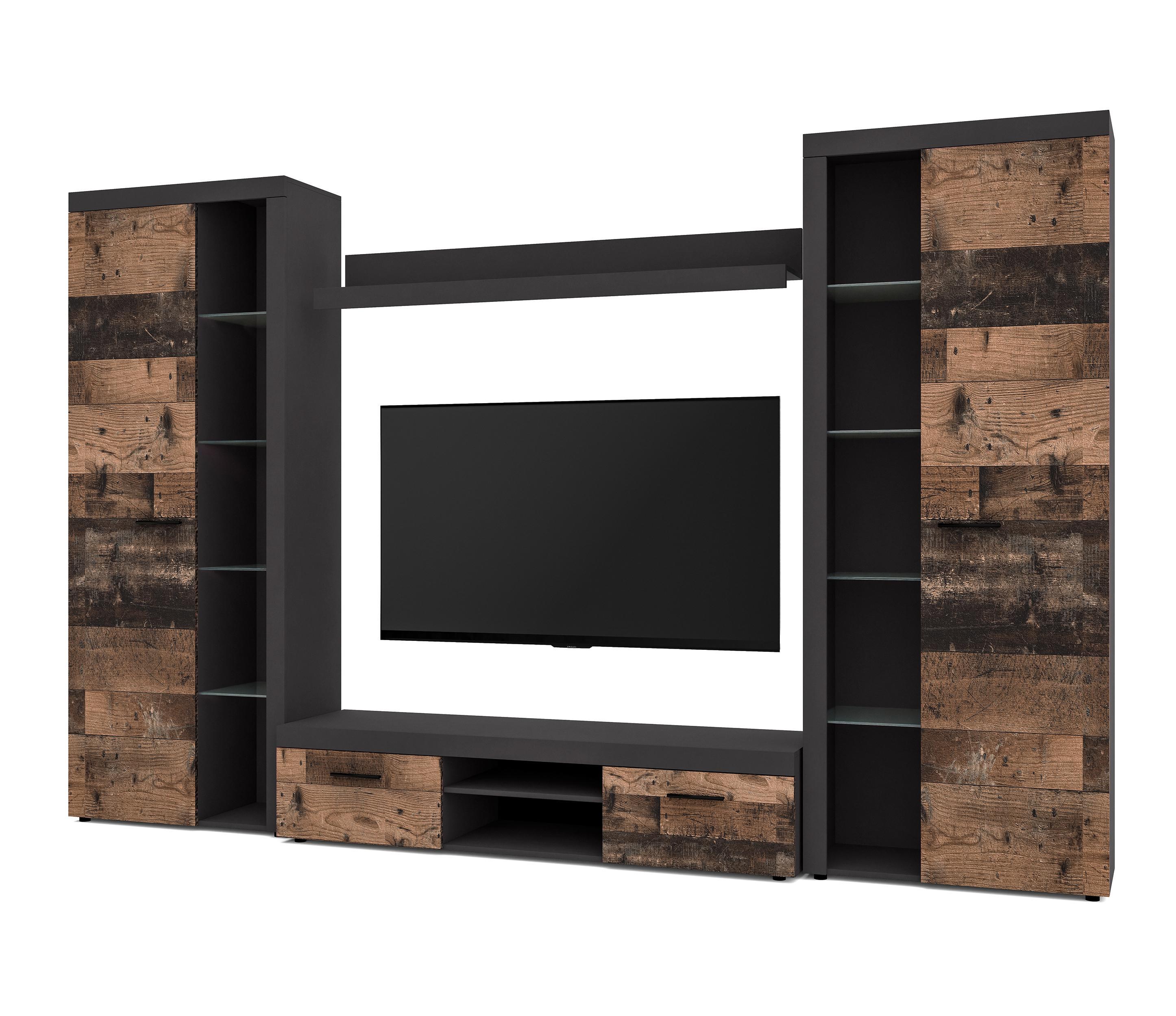 WOHNWAND Spacoro XL Matera, Oldwood 300/190/40 cm Viel Stauraum ohne LED - Dunkelgrau/Bronzefarben, Holzwerkstoff/Kunststoff (300/190/40cm) - AX Living