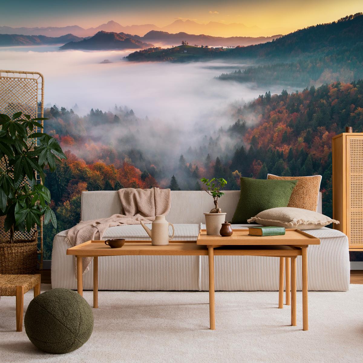 FOTOTAPETE für Wohnzimmer Nebelwald Sonnenuntergang Berge Bäume 400x280 - Beige/Rot, Papier (400/280cm) - Muralo