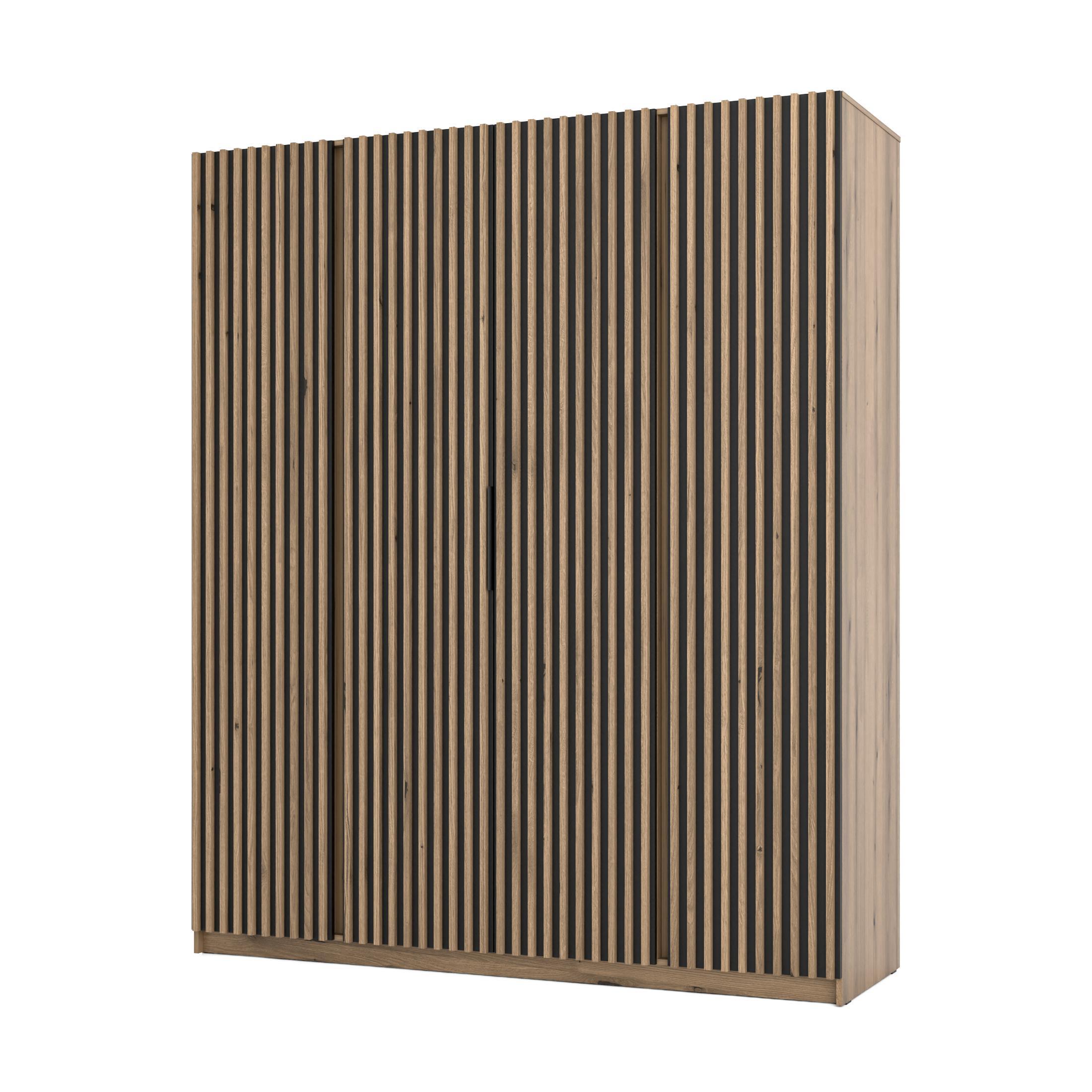 KLEIDERSCHRANK Nehir Korpus Eiche Evoke, Front Schwarz/Eiche Evoke 200 cm - 4T Modern mit 4 Lamellentüren - Eichefarben/Schwarz, Holzwerkstoff/Kunststoff (200/239/61.9cm) - AX Living