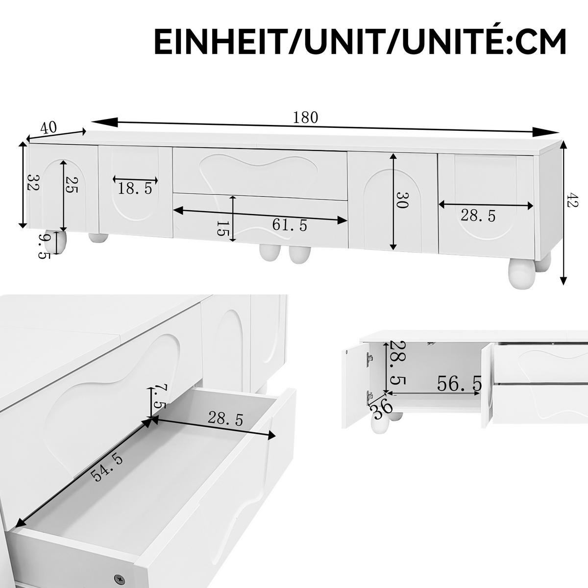 TV-LOWBOARD Weiß 180 cm mit geschwungenen Fronten & runden Holzbeinen - Weiß, Holzwerkstoff (180/42/40cm) - Urban Meuble