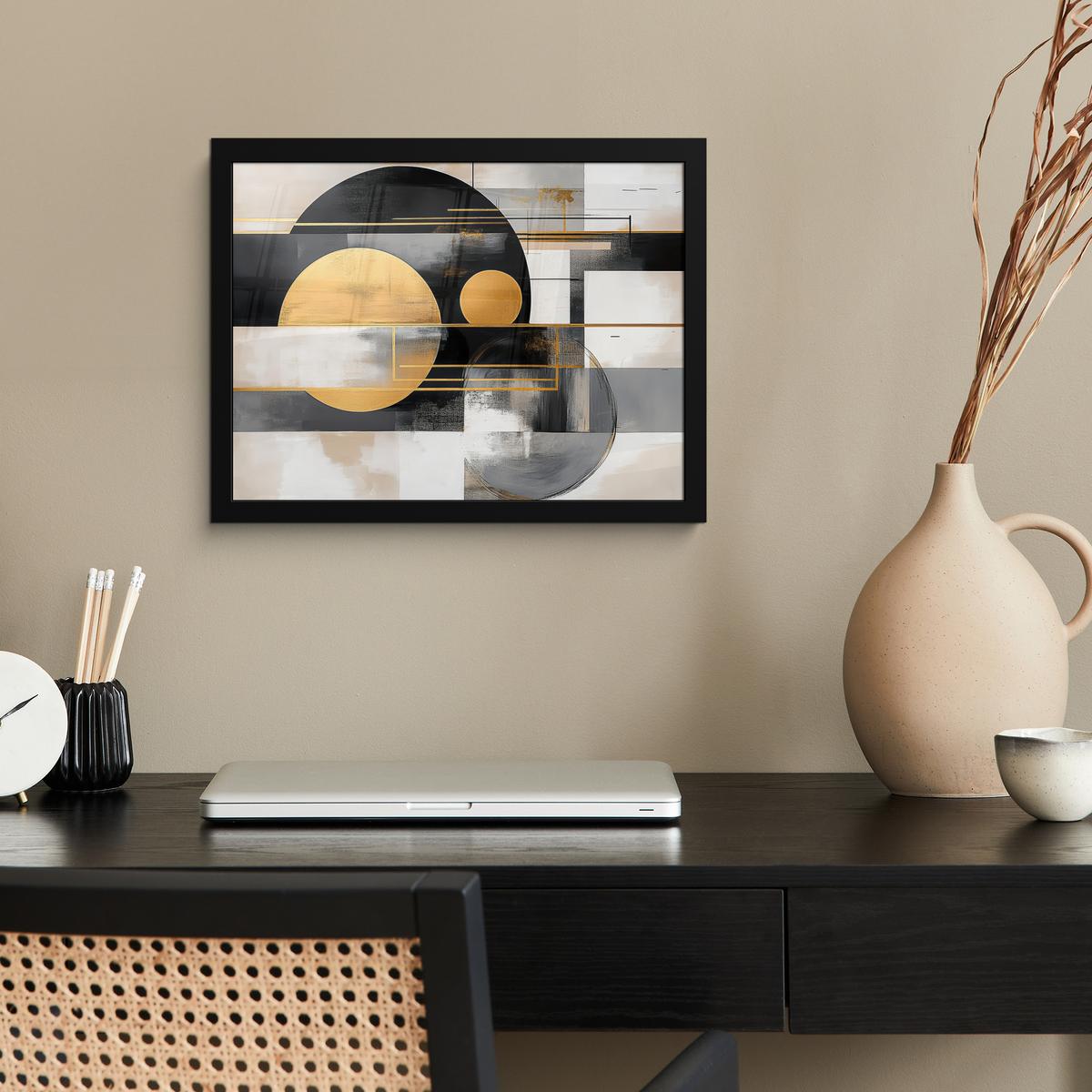 POSTER MIT RAHMENGERAHMTES BILD Abstrakt - Gold - Silber - Formen - Ästhetisch - Modern 40x30 cm - Goldfarben, Papier (40/30cm) - MuchoWow
