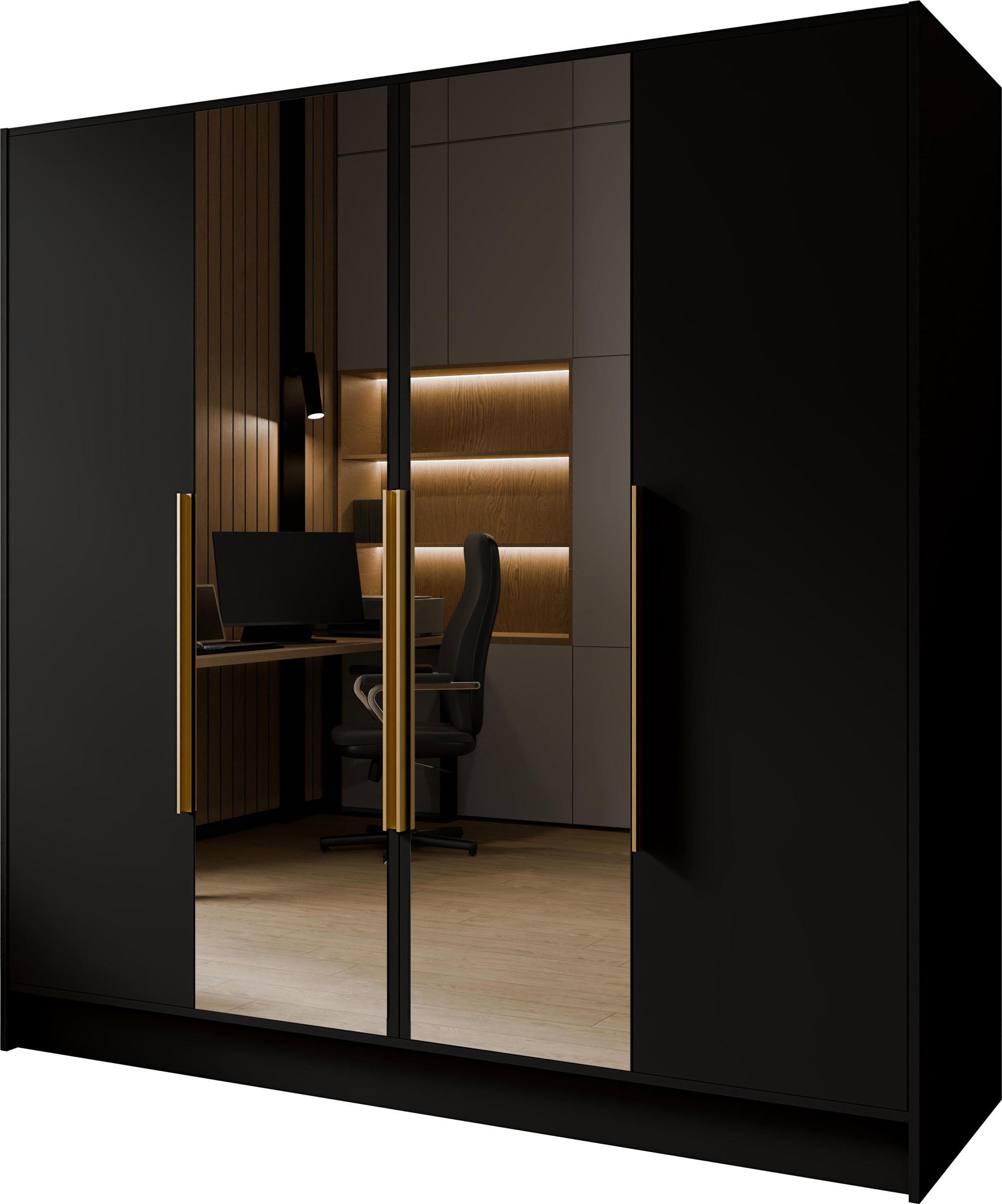 KLEIDERSCHRANK Mono Lux mit Speigel, Drehtüren mit Goldene Metallgriffe, Schwarz 200/200/51 cm - Goldfarben/Schwarz, Holzwerkstoff (200/200/51cm) - WFL GROUP