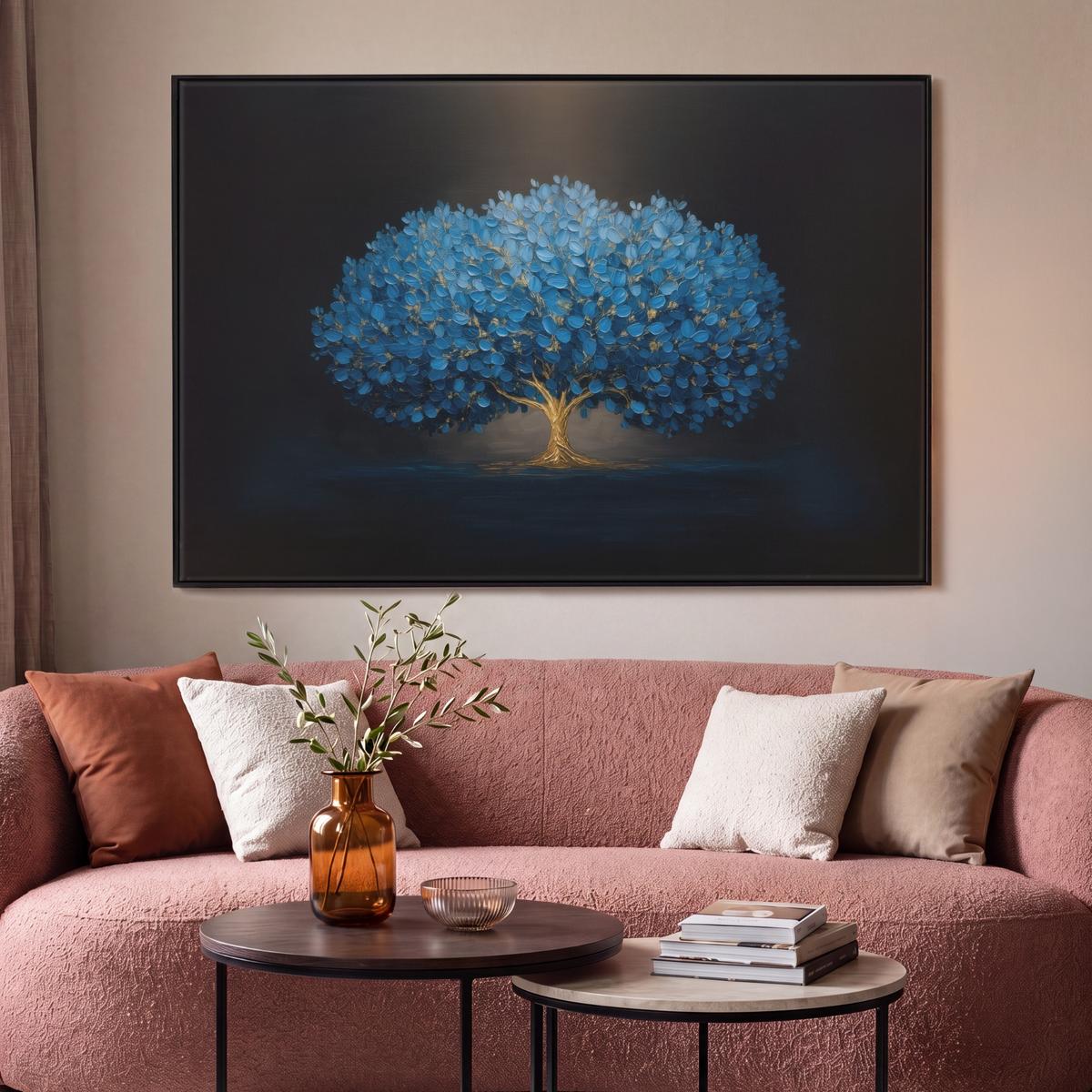 LEINWAND Bilder mit Rahmen - Baum - Blau - Blätter - Pinselstriche - 150x100 - Blau, Textil (150/100cm) - MuchoWow