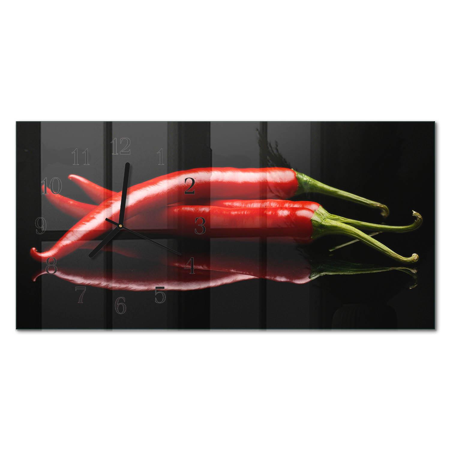 WANDUHR aus Glas 60x30 cm - Chilischoten - Schwarz, Glas (60/30/0.4cm) - TULUP