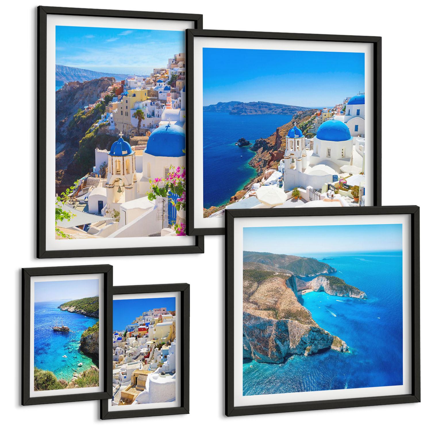 BILDER SET 5er Set - 50x50 cm & 20x30 cm & 40x60 cm Schwarzer Rahmen - Architekturlandschaft Oia Santorin Griechenland - Schwarz, Kunststoff (40/60cm) - TULUP