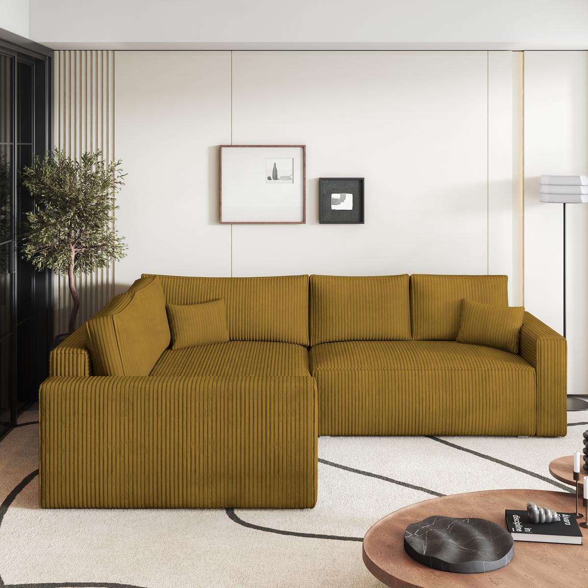 ECKSOFA ERONIS L-S Gelb Kordstoff mit Schlaffunktion - Gelb, Holz (265/194cm) - MASSENO