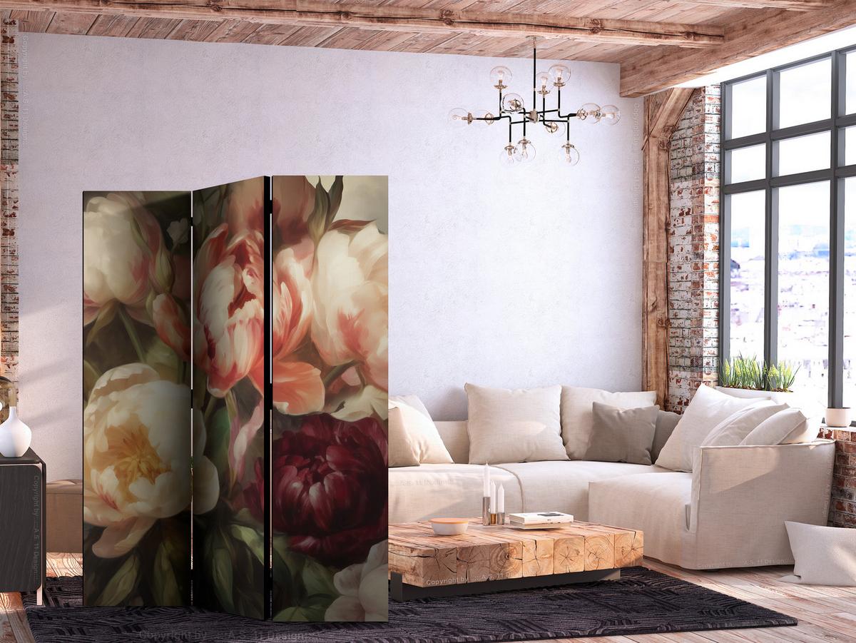PARAVENT Beidseitig Bedruckter 3-tlg 135x172 cm Bl hende Pfingstrosen - Multicolor, Holz/Textil (135/172/3cm) - Muralo