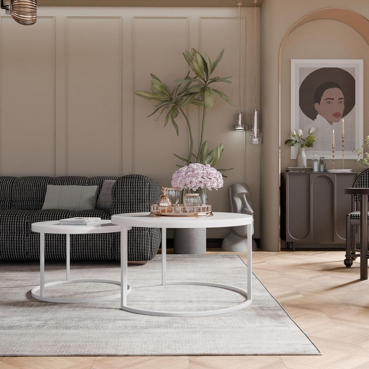 COUCHTISCH-SET LAVO 70/50 cm Runden, Weiß Hochglanz - Weiß Hochglanz, Metall (70/70/48cm) - Idohome
