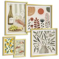 BILDER SET 5er Set - 50x50 cm & 20x30 cm & 40x60 cm Goldrahmen - Blumenmuster in Orange und Grün - Goldfarben, Kunststoff (40/60cm) - TULUP