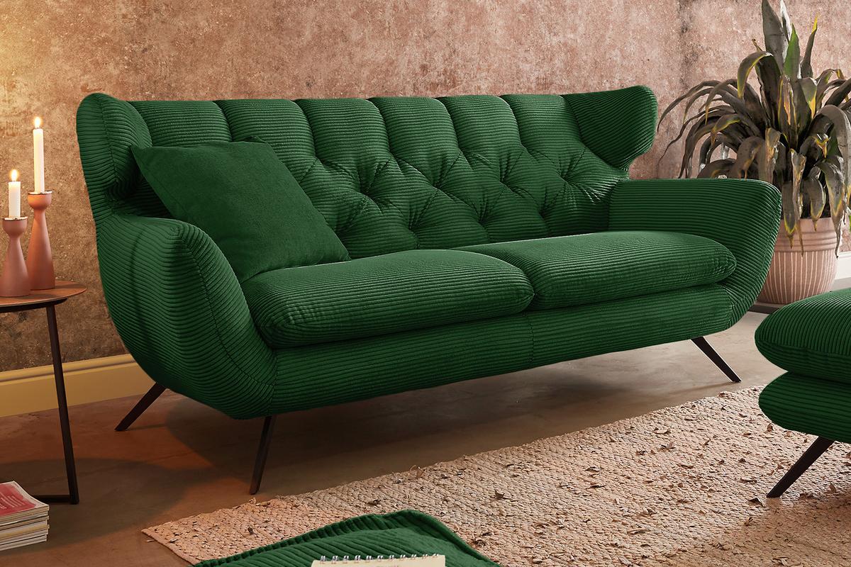 SITZGRUPPE CHARME Smaragdgrün Cord - Smaragdgrün/Schwarz, Textil/Metall (225/94/95cm) - KAWOLA