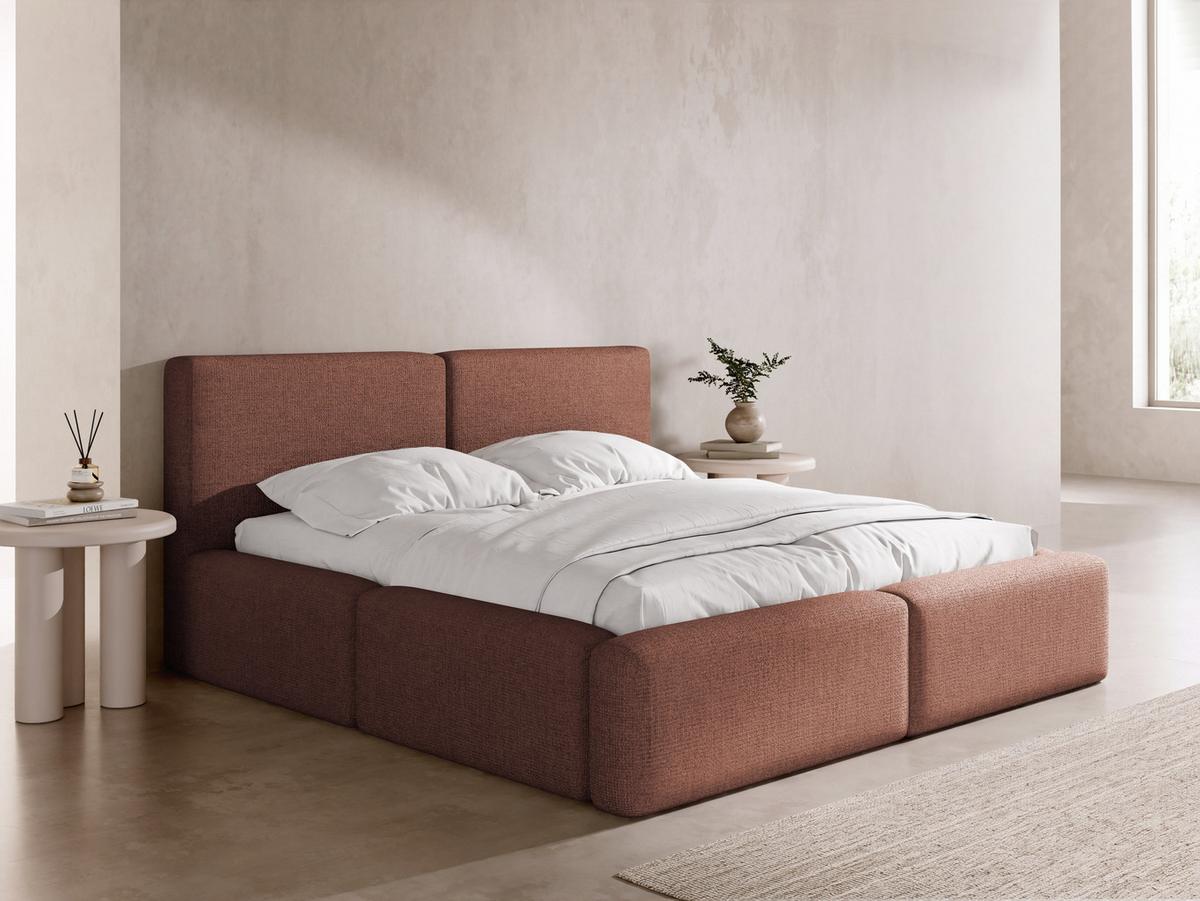 POLSTERBETT Duo mit Bettkasten, Metall-Lattenrost & hohem Kopfteil in Terrakotta Chenille 160x200 cm - Birkefarben/Terracotta, Kunststoff/Textil (160/200cm) - WFL GROUP