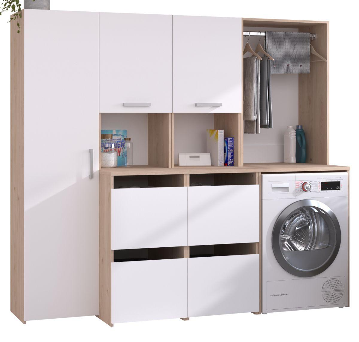 WASCHMASCHINENSCHRANK weiß, Eiche Jackson, Umbauschrank Set 3-teilig 204 cm mit viel Stauraum - Eichefarben/Silberfarben, Holzwerkstoff/Kunststoff (204/184/67cm) - Parisot Meuble