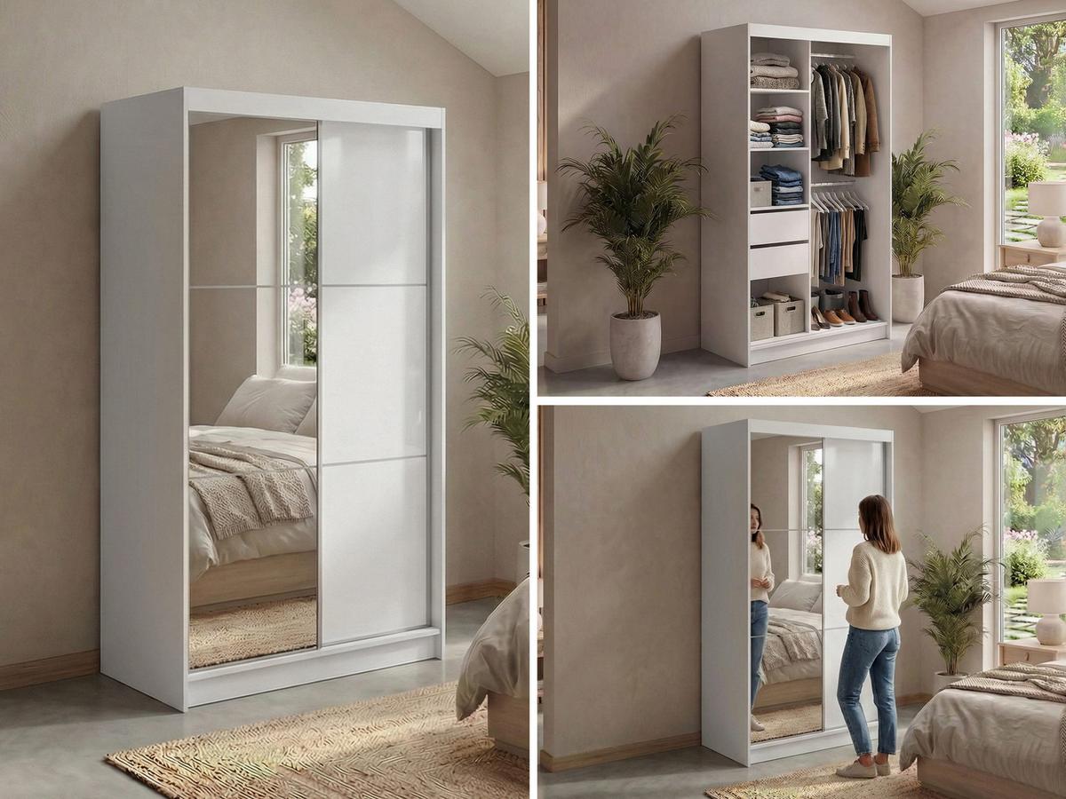 SCHWEBETÜRENSCHRANK mit Spiegel und Schubladen - WALENCJA - 120 - Weiß lacobel - Alufarben/Weiß, Holzwerkstoff/Metall (120/216/61cm) - MKS