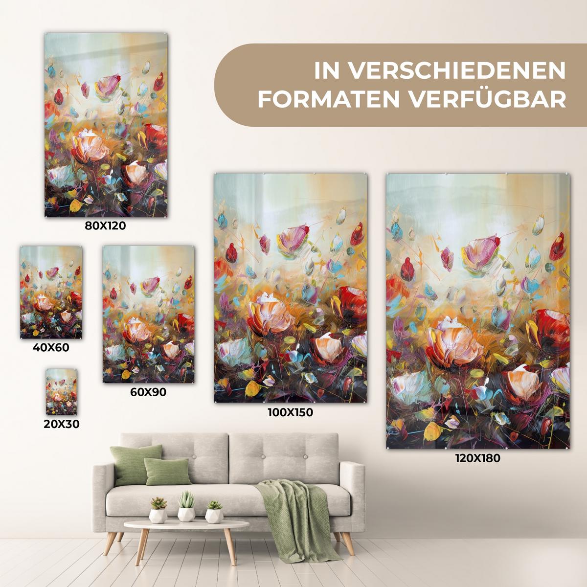 ACRYLGLASBILD Blumen - Kunst - Natur - Ölgemälde 80x120 cm - Multicolor, Glas (80/120cm) - MuchoWow