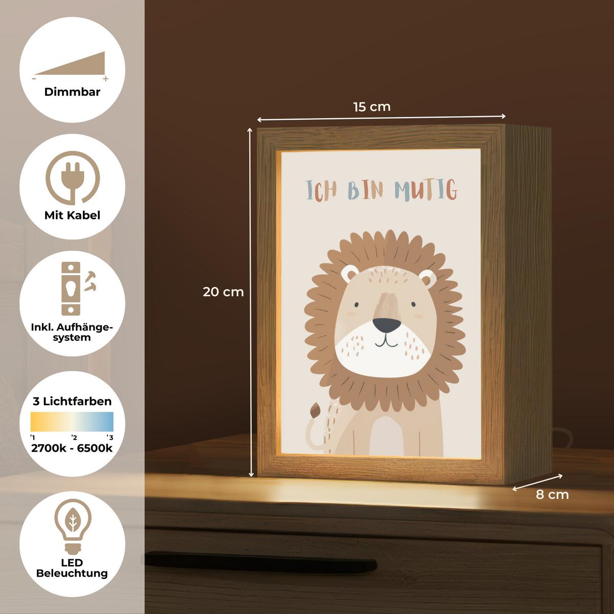 NACHTTISCHLAMPE Löwe - Beige - Tier - Mutig - Zitat 15x20 cm - Beige, Holzwerkstoff (8/15/20cm) - OnlyWow
