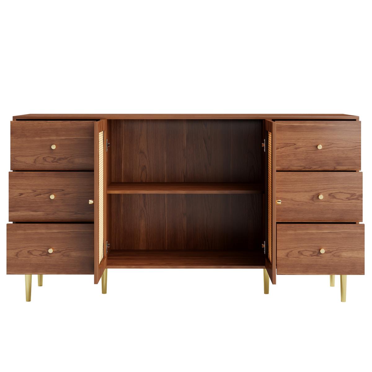 SIDEBOARD 160 cm Holzoptik & Rattan Kommode mit 6 Schubladen und 2 Türen - Eichefarben, Holzwerkstoff (160/90/40cm) - Urban Meuble