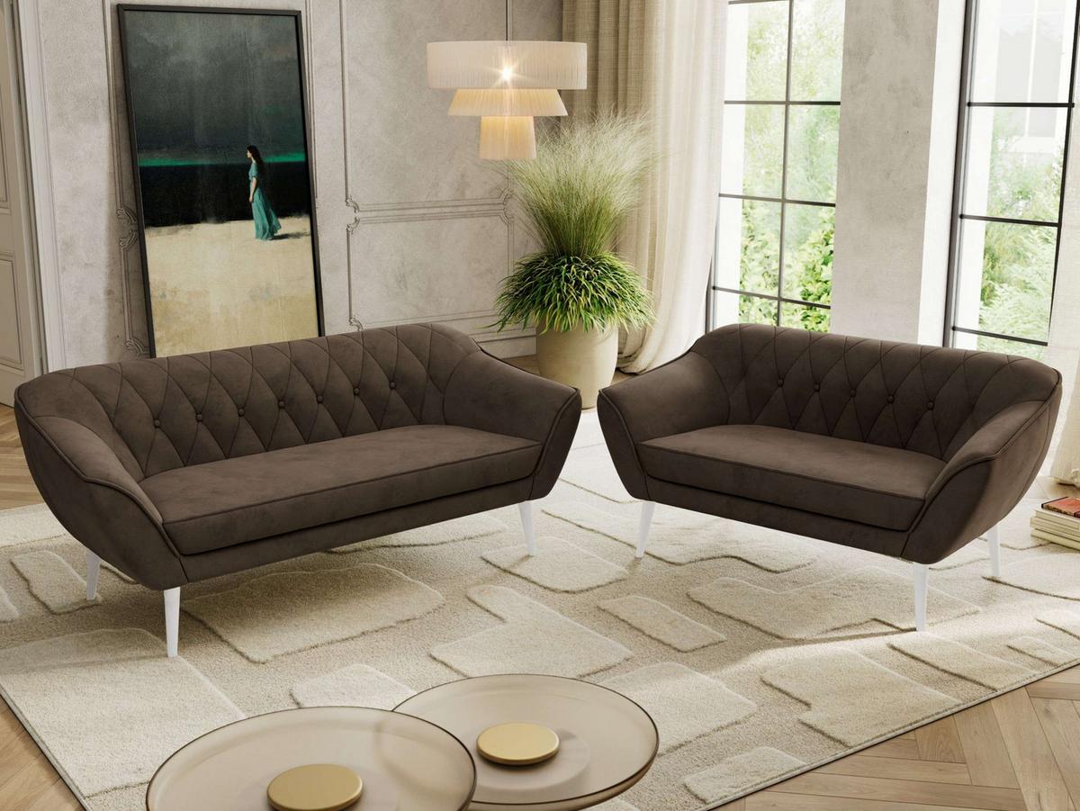 SITZGARNITUR PIRS 3+2 - Braun Velvet - Weiße Beine - Dunkelbraun/Braun, Holzwerkstoff/Textil (180/75/74cm) - MKS
