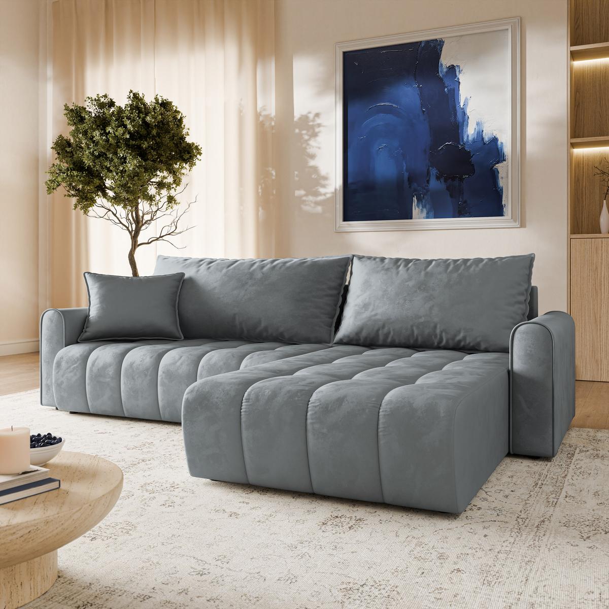ECKSOFA FRIGA Grau Velours-Stoff mit Schlaffunktion - Grau, Holz (283/185cm) - MASSENO