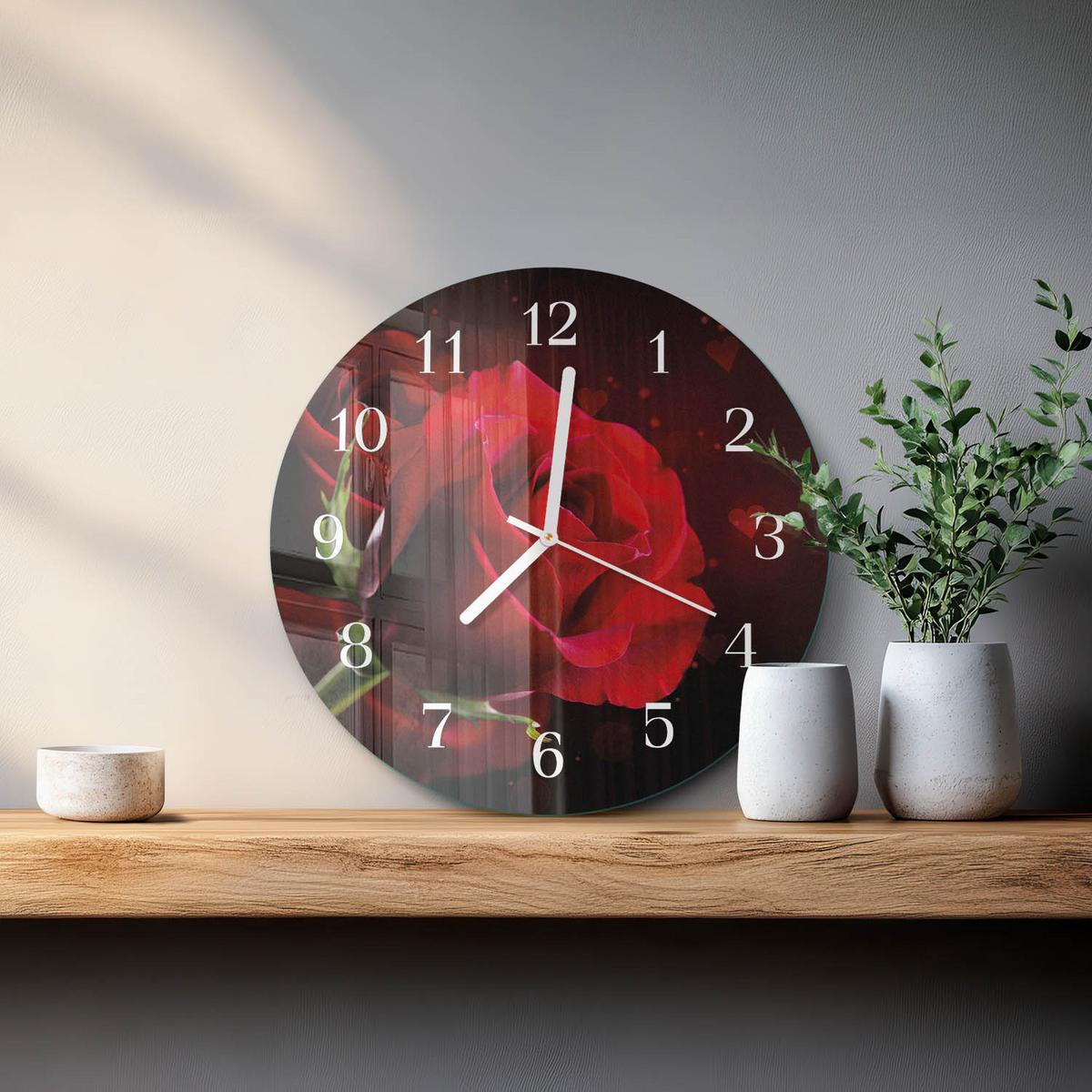 WANDUHR aus Glas Ø30 cm - Rosen - Rot, Glas (30/30/0.4cm) - TULUP