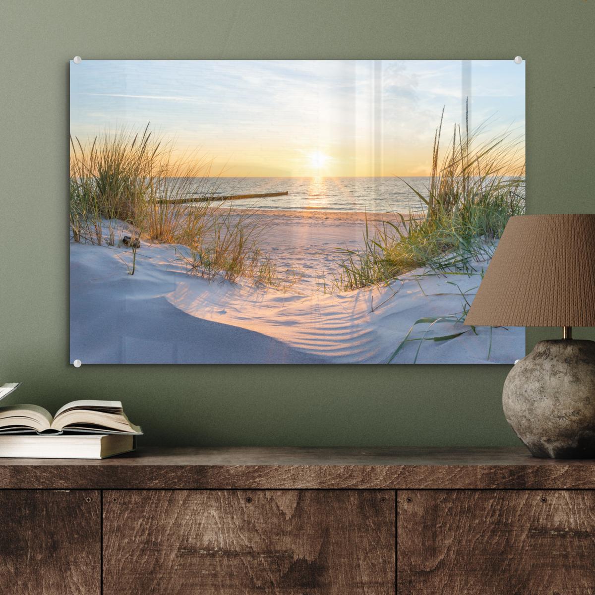 ACRYLGLASBILD Strand - Sonne - Düne - Gras - Sand - Horizont Wanddeko 60x40 cm - Hellblau, Glas (60/40cm) - MuchoWow