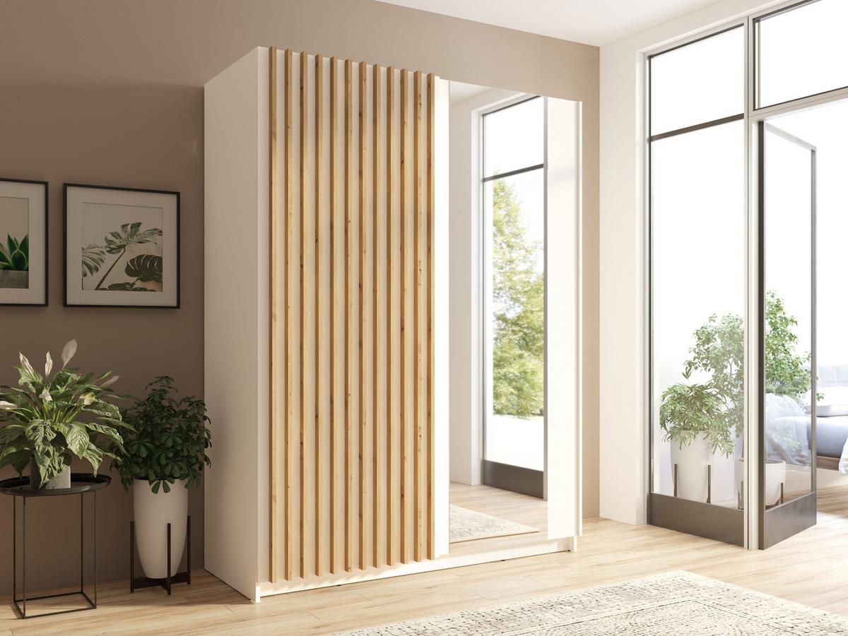 SCHWEBETÜRENSCHRANK MAREN 150,6/198,5/55cm 2-türig mit Spiegel Weiß - Eiche Artisan/Weiß, Holzwerkstoff (150.6/198.5/55cm) - MASSENO