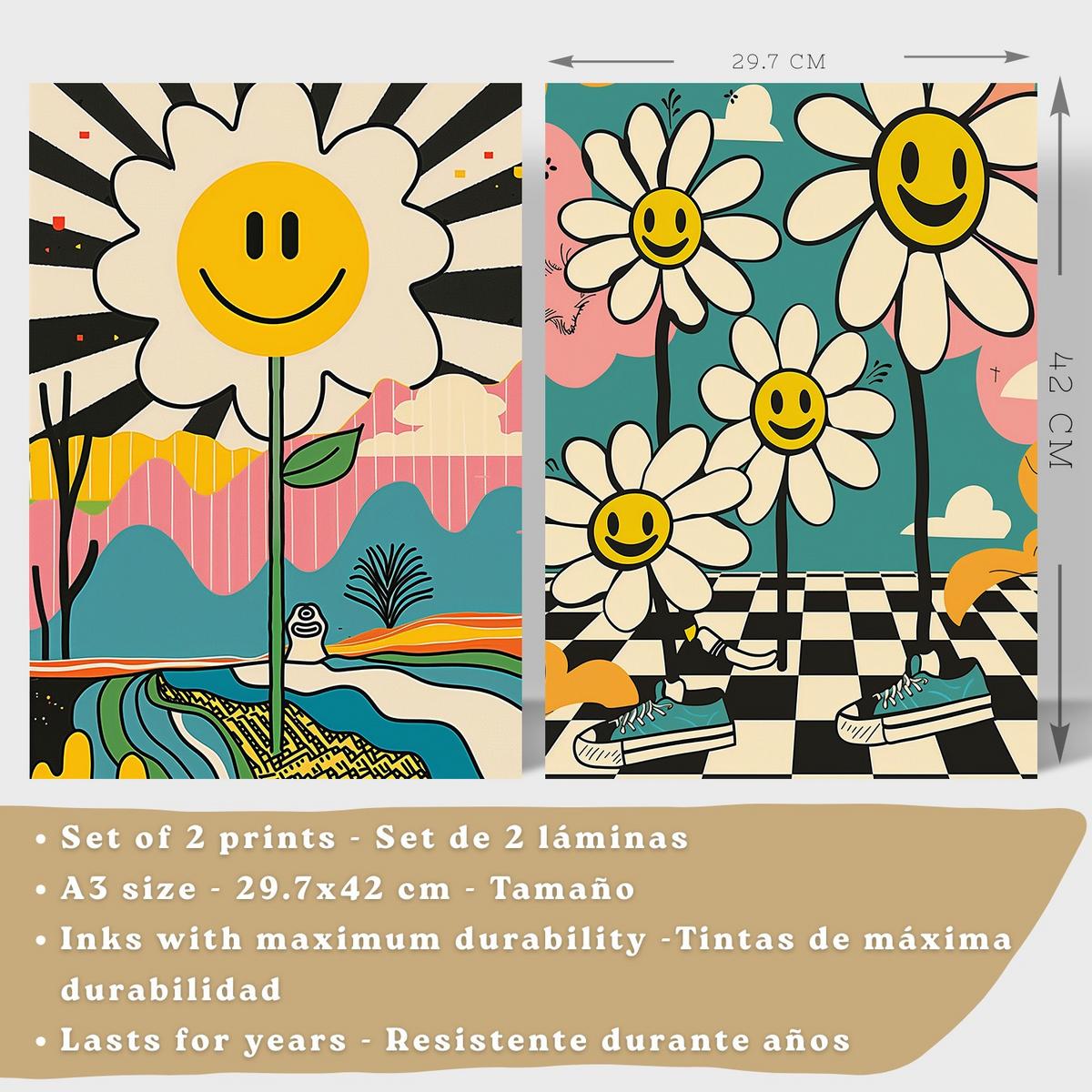 POSTER 4er Kunstdruck-Set Wandbilder Smiley Blume modern Wohnzimmer Deko, Schlafzimmer, Küche, Badezimmer Leichter Holzrahmen A3 - Beige, Papier (29.7/1/42cm) - Nacnic