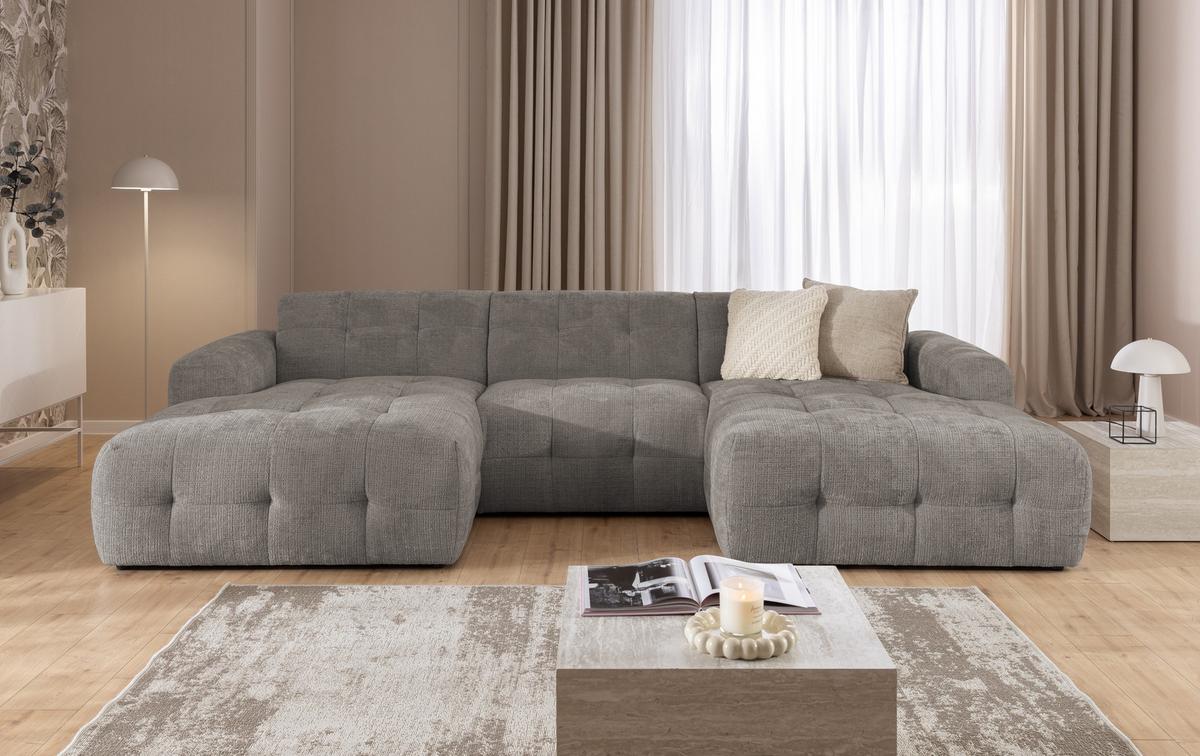 WOHNLANDSCHAFT in U-Form mit raffinierten Steppungen, 6-Sitzer, Wellenunterfederung, B323/T161/H79 cm, Chenille-Bezug in Braun Taupe / 21050 - Taupe/Greige, Kunststoff/Textil (323/79/161cm) - luma-home