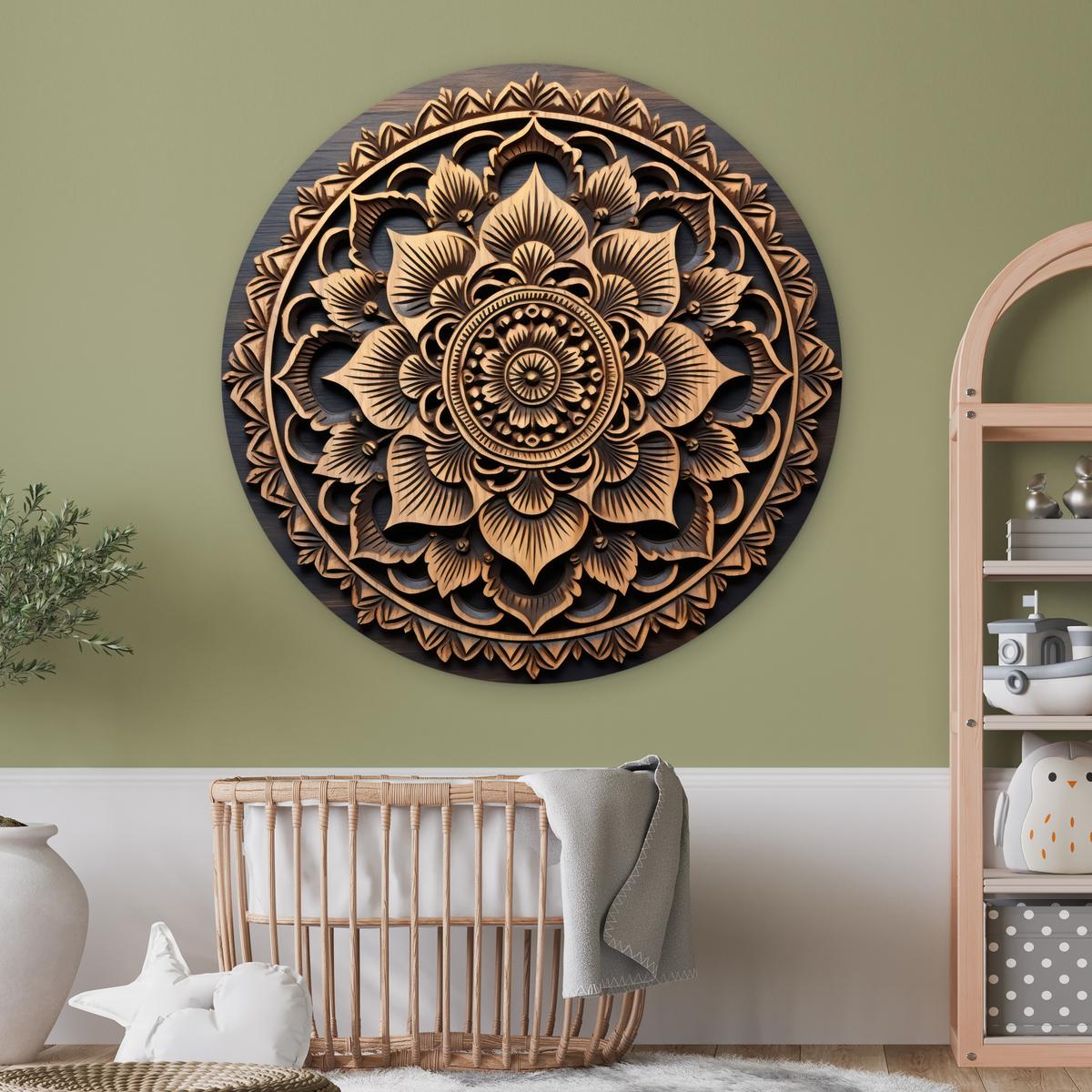 WANDBILD Mandala - Holz - Blumen - Braun Deko Groß 150x150 cm - Gelb, Kunststoff (150/150cm) - MuchoWow