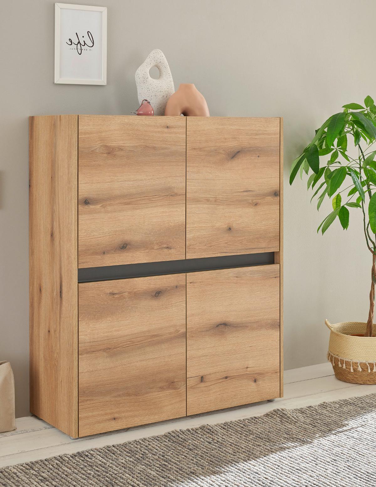 HIGHBOARD Evoke Eiche, Grau, 100 x 120 cm, Kommode 4-türig 8 Fächer - Eichefarben/Schwarz, Holzwerkstoff/Kunststoff (100/120/40cm) - Furn.Design