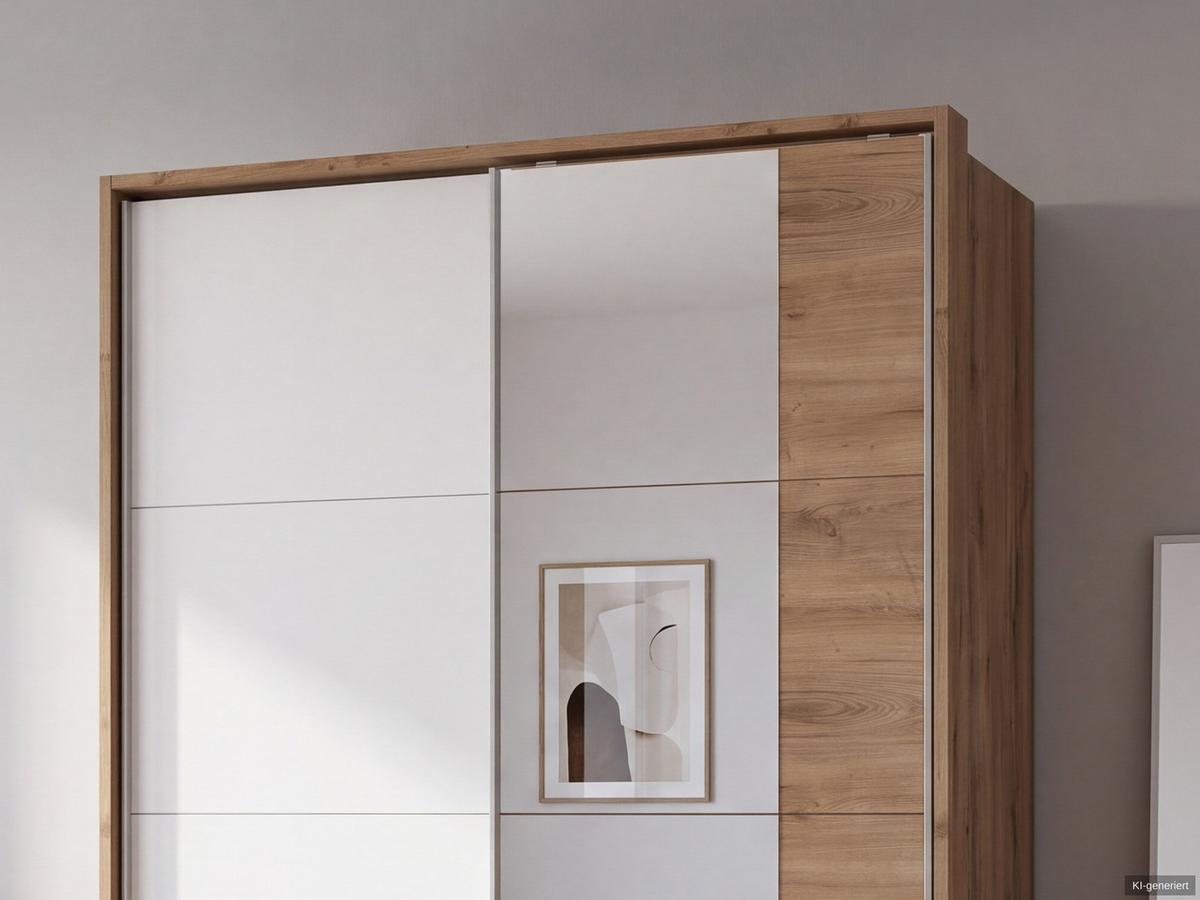 SCHWEBETÜRENSCHRANK 2-türig B138/H200/T65 cm, Passepartout-Kleiderschrank mit Spiegel & sichtbaren Schubkästen in Eiche Dekor, 1x Tür in Weiß / 22684 - Eichefarben/Alufarben, Holz/Holzwerkstoff (138/200/65cm) - luma-home