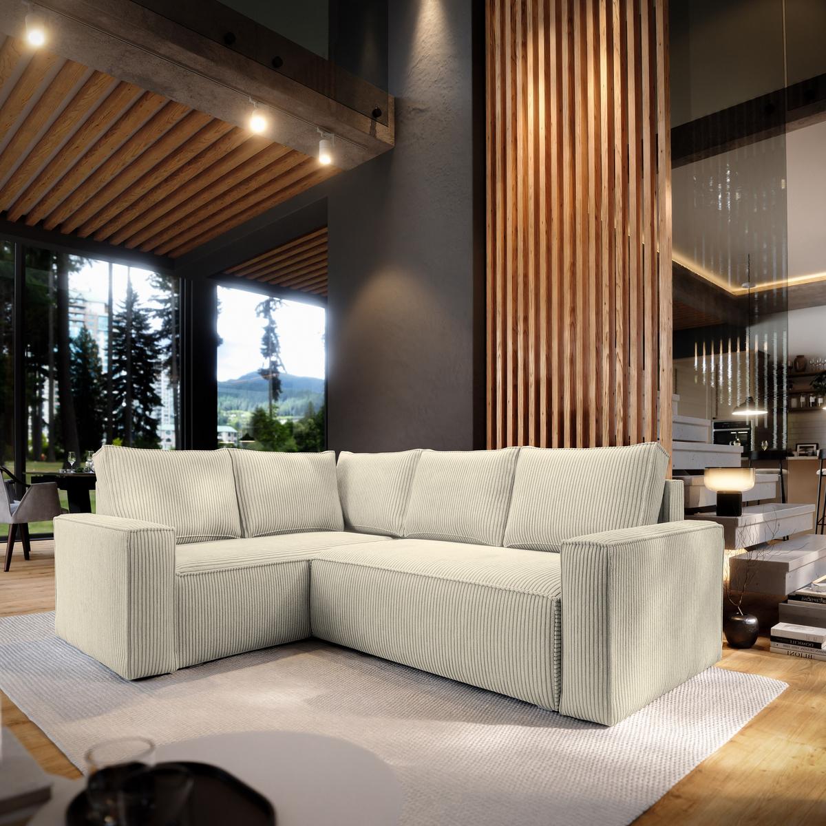 ECKSOFA ESTANO L-S Creme Kordstoff mit Schlaffunktion - Creme, Holz (230/158cm) - MASSENO