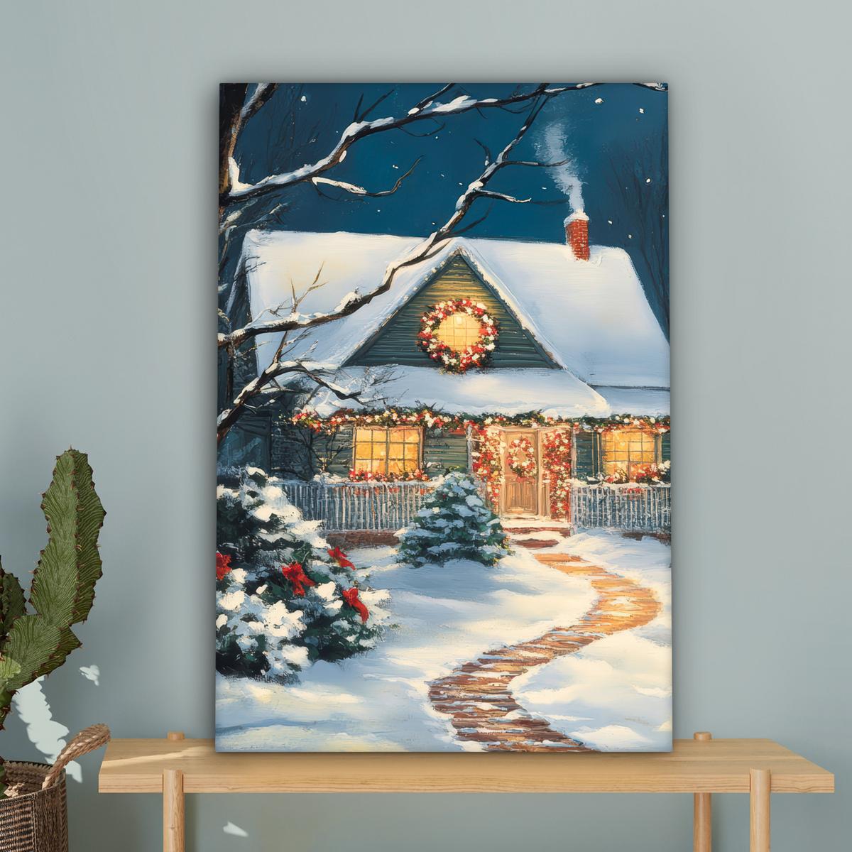 LEINWANDBILD Weihnachten - Weihnachtsbaum - Winter - Zuhause - Schnee Wanddeko 40x60 cm - Smaragdgrün, Textil (40/60cm) - MuchoWow