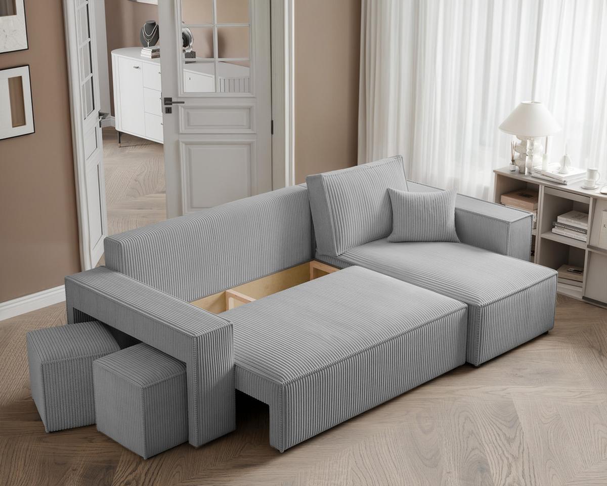 ECKSOFA PARIS mit Schlaffunktion und Bettkasten, Stoff Hellgrau - Hellgrau, Kunststoff/Textil (262/145cm) - Idohome