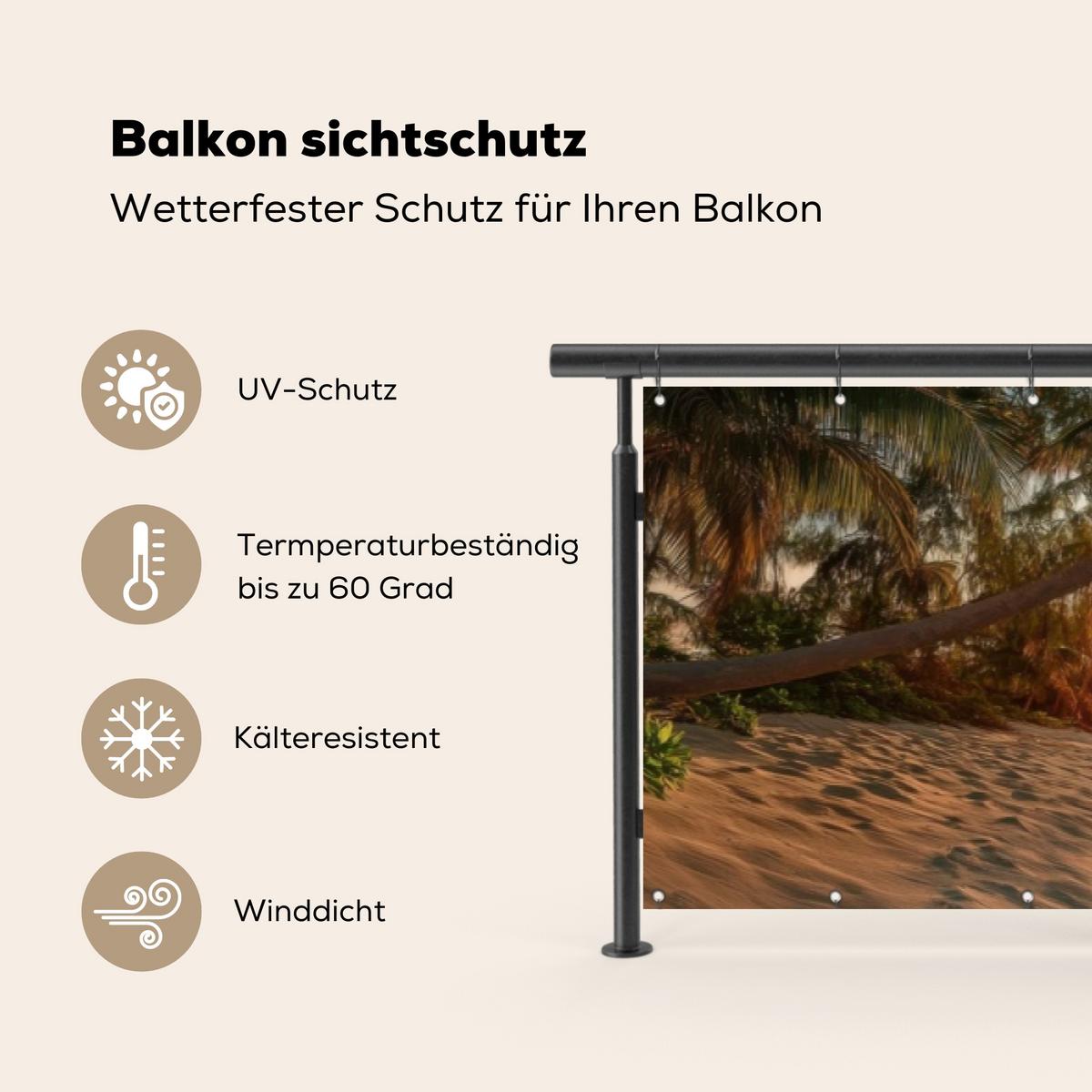 BALKON-SICHTSCHUTZ Strand - Palmen - Meer - Sonnenuntergang Deko XXL 500x110 cm - Samtahornfarben, Kunststoff (500/110cm) - MuchoWow