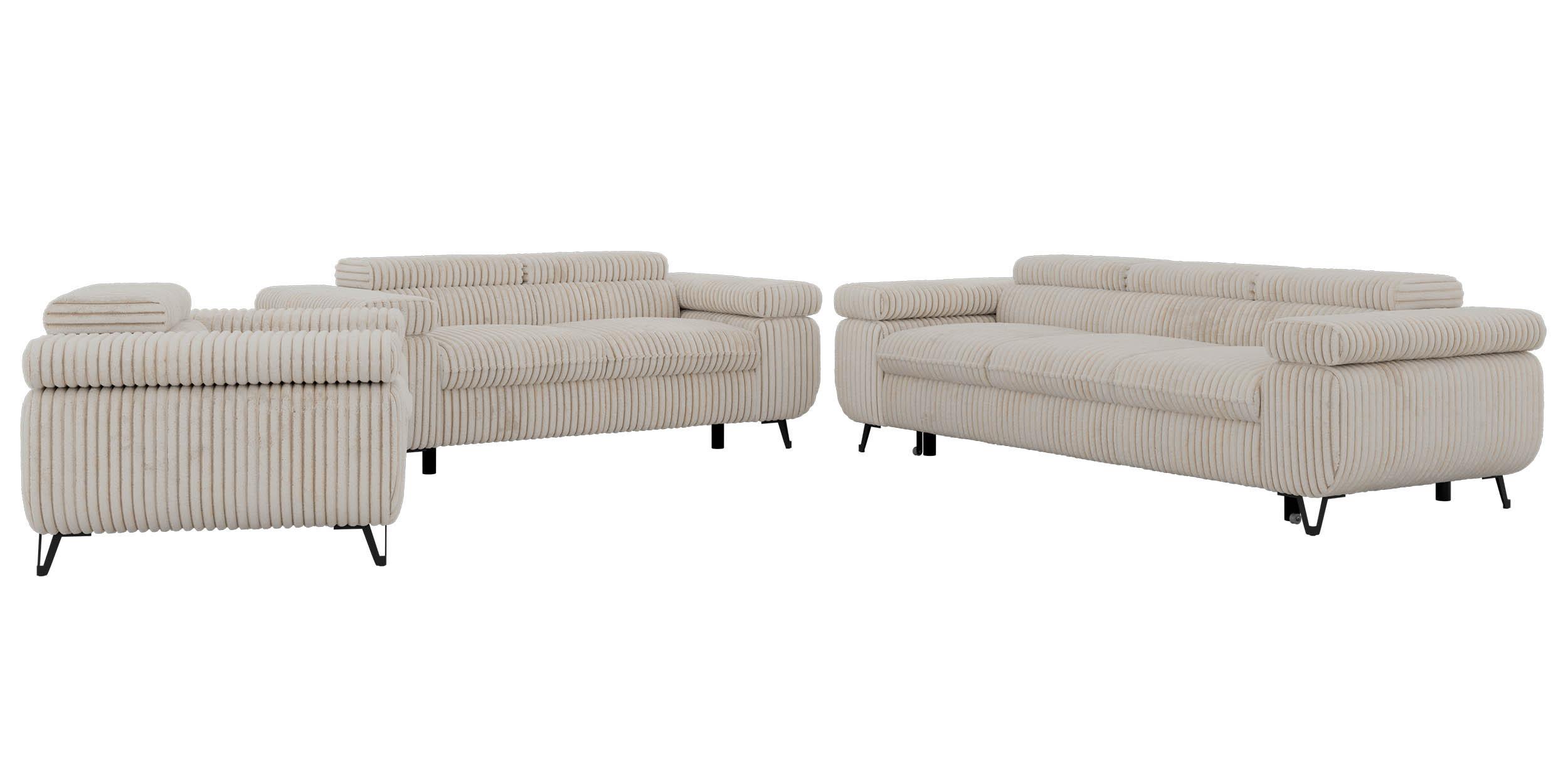 SITZGARNITUR PETER 1+2+3 mit Schlaffunktion - Beige Cord - Beige/Creme, Textil/Metall (262/76/99cm) - MKS