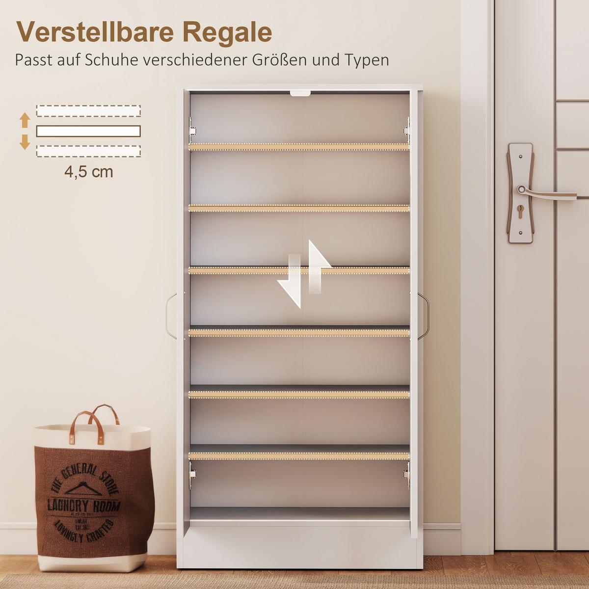SCHUHSCHRANK mit Soft-Close-Tür, verstellbare Regale, für 14 Paare, Weiß - Alufarben/Weiß, Holzwerkstoff/Metall (55/108/35cm) - HOMCOM