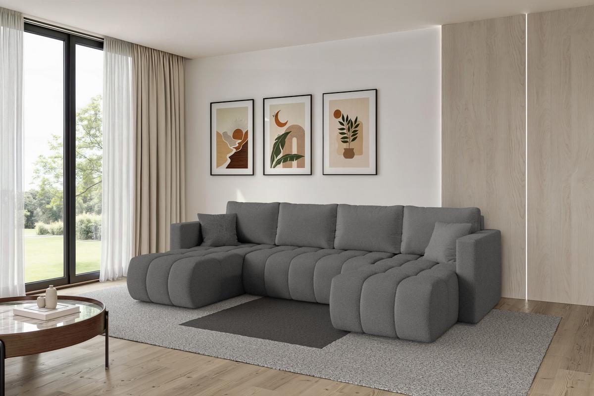 WOHNLANDSCHAFT mit Schlaffunktion und Bettkasten GARD-U 300x146x85 Grau Bouclé - Schieferfarben/Schwarz, Holzwerkstoff/Kunststoff (300/85/146cm) - ALTDECOR