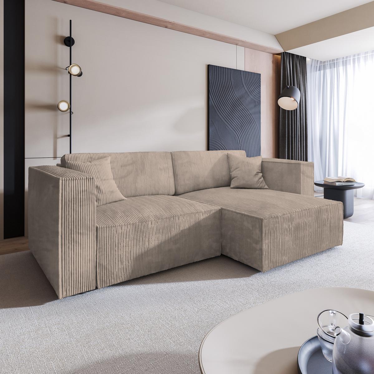 ECKSOFA NERIO P Beige Kordstoff mit Schlaffunktion - Beige/Grau, Holz/Kunststoff (245/148cm) - MASSENO