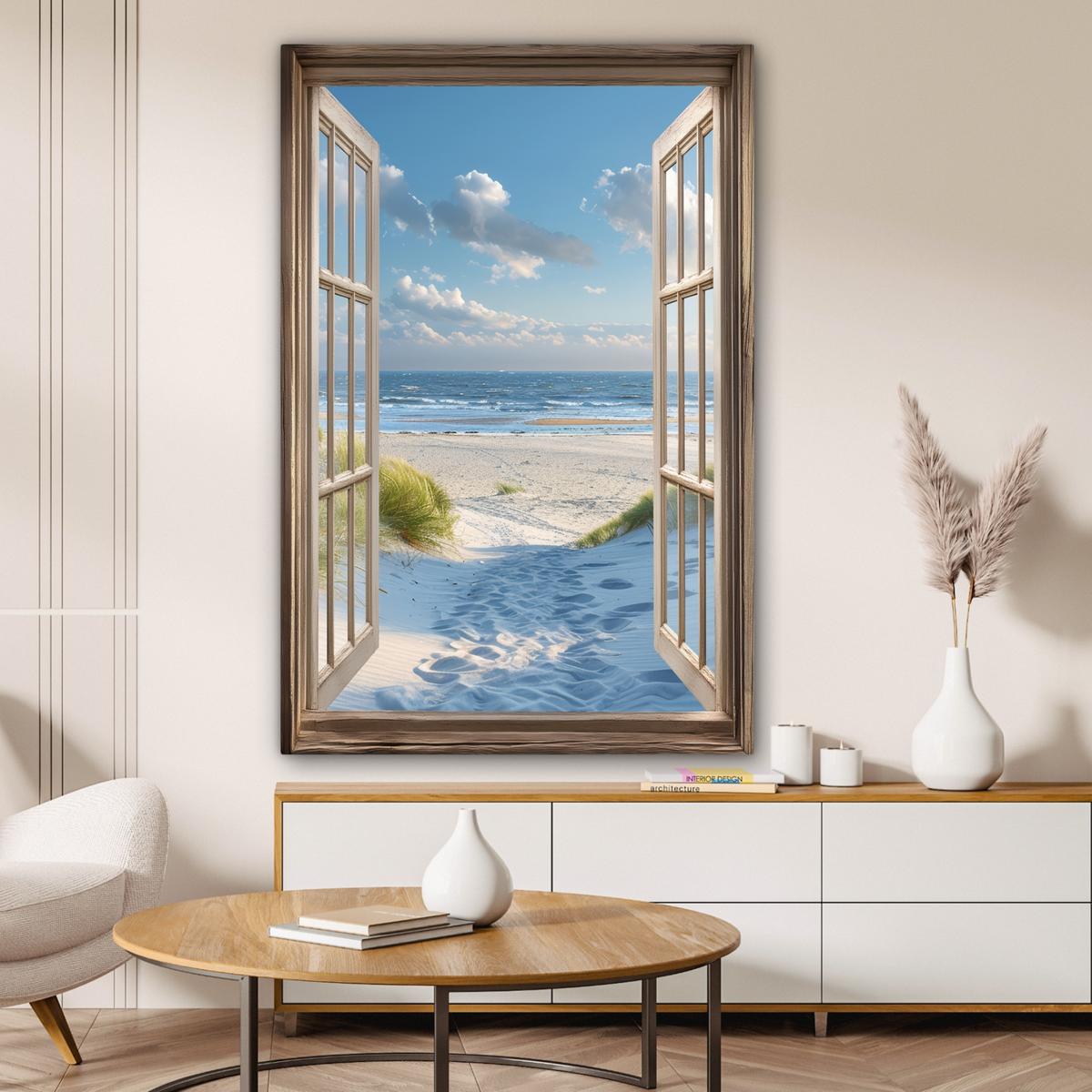 LEINWANDBILD Aussicht - Strand - Fenster - Dünen - Meer Deko XXL 80x120 cm - Hellblau, Textil (80/120cm) - MuchoWow