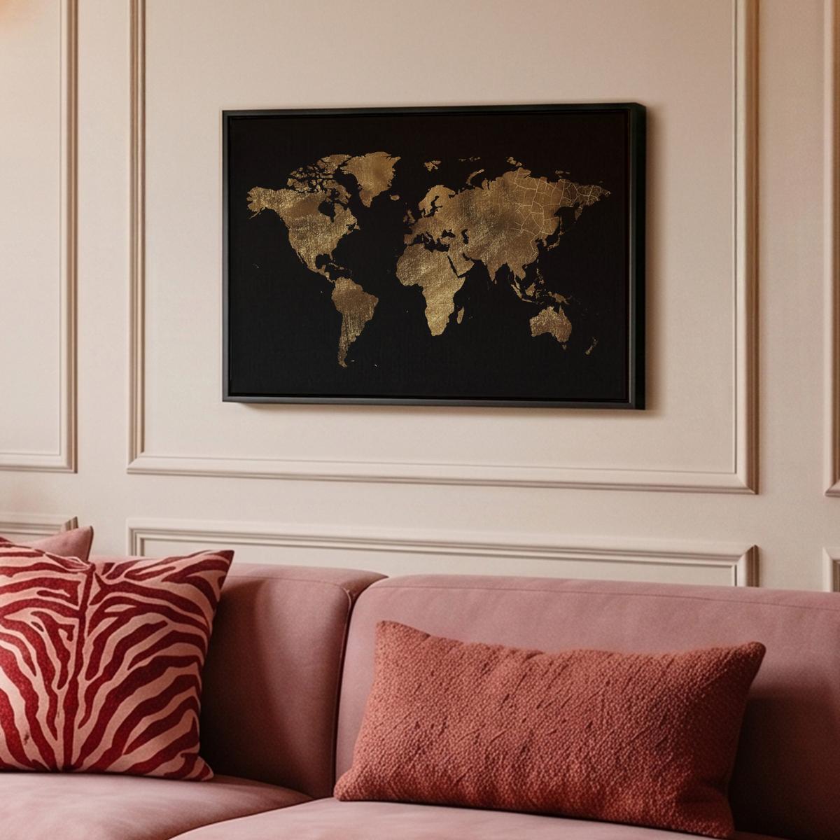 LEINWAND Bilder mit Rahmen - Weltkarte - Gold - Luxus - Erde - Schwarz - 60x40 - Goldfarben, Textil (60/40cm) - MuchoWow