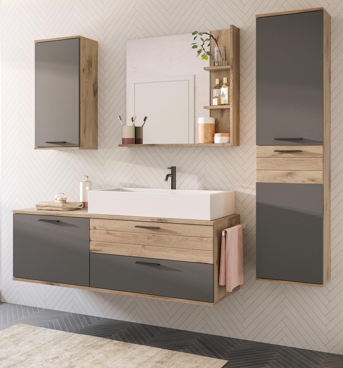 HOCHSCHRANK Hängeschrank Eiche grau 37x152 cm, mit Soft-Close - Eichefarben/Schwarz, Holzwerkstoff/Kunststoff (37/152/24cm) - Inn.Furn