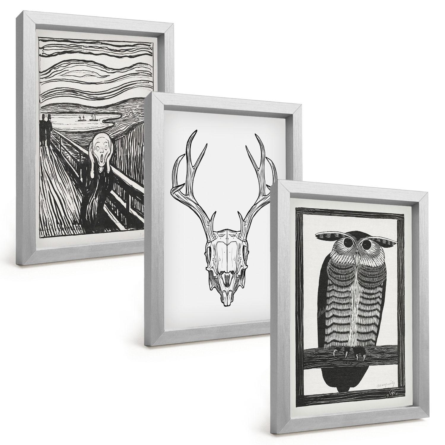 BILDER SET 3er Set - 20x30 cm Silberner Rahmen - Grafiken mit schreiendem Totenkopf-Eulen - Silberfarben, Kunststoff (20/30cm) - TULUP