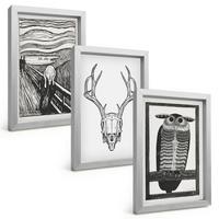 BILDER SET 3er Set - 20x30 cm Silberner Rahmen - Grafiken mit schreiendem Totenkopf-Eulen - Silberfarben, Kunststoff (20/30cm) - TULUP